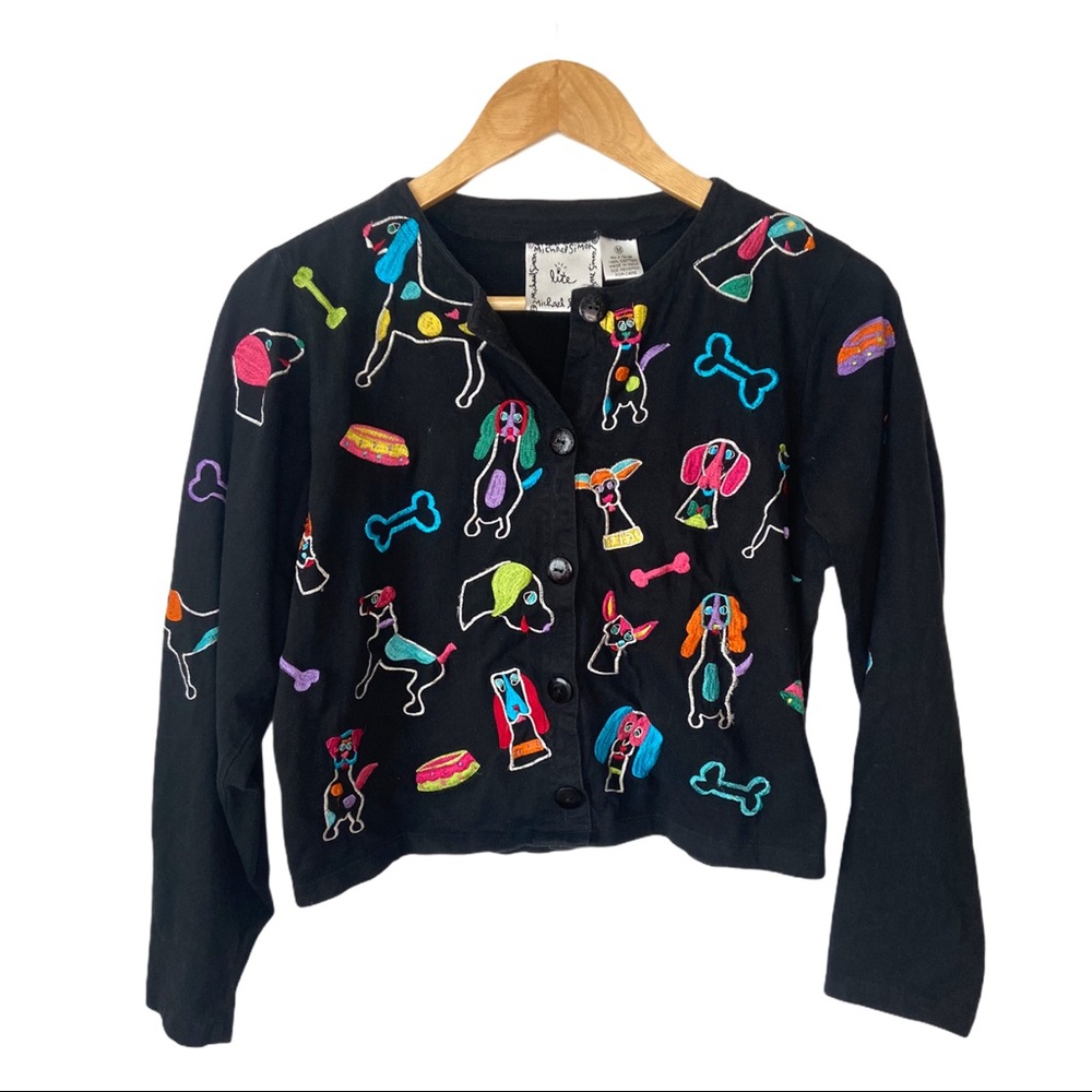 Michael Simon Black Cardigan with Colorful Dog Motifs